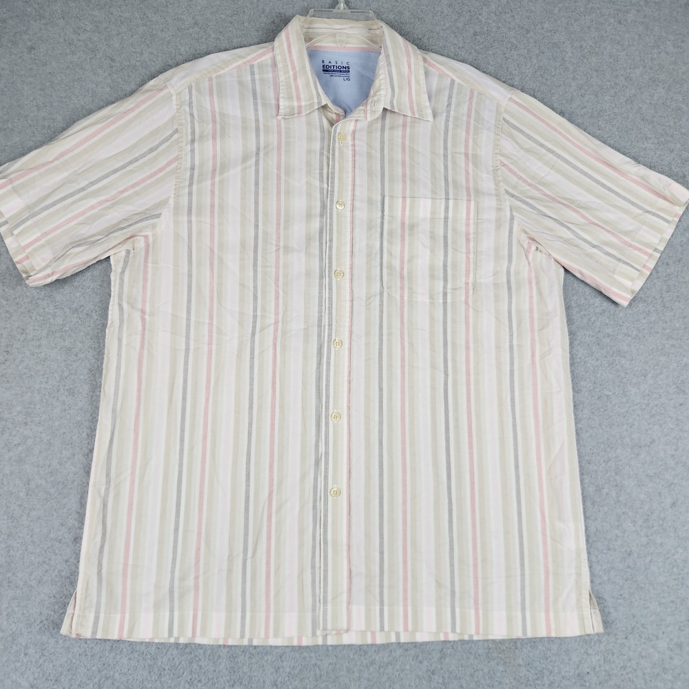 Basic Editions Shirt Men Large Multicolor Striped Heritage Wash Cotton Button Up